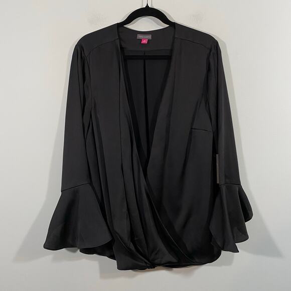 Vince Camuto Women's Black Faux Wrap Satin Like Bell Sleeve Blouse Size 1X NWT - Picture 1 of 9